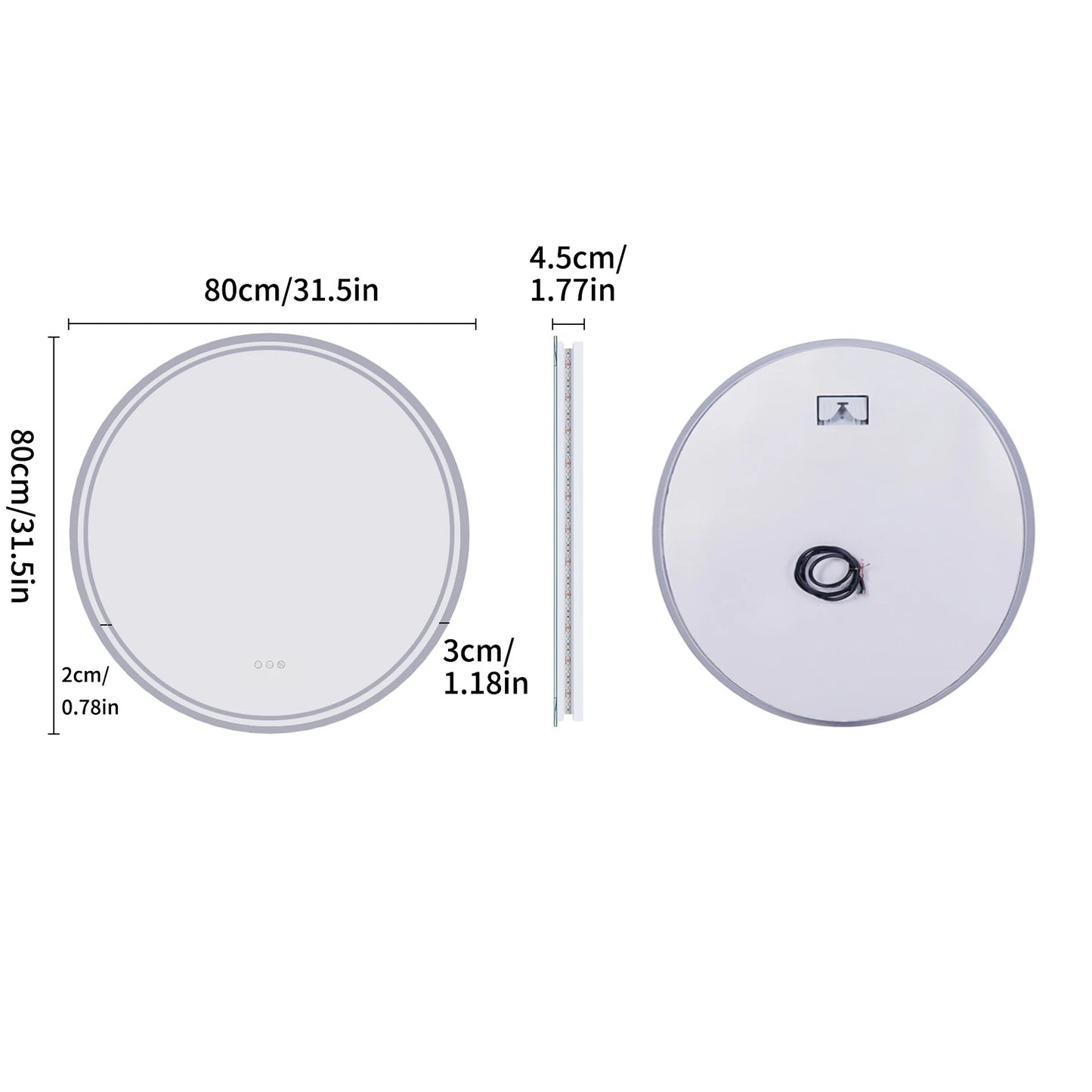 Round Backlit Light Bathroom Smart Mirror,Wall Mounted, Anti-Fog, 3 Color Settings
