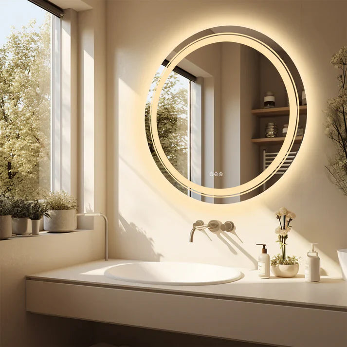 Round Double Lights LED Bathroom Smart Make up Mirror Dimmable, Anti-Fog Circle Wall Mounted Mirror