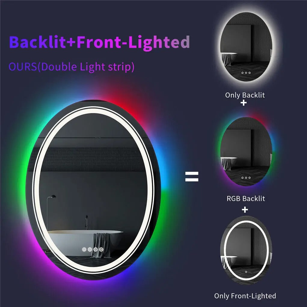 Oval Glitzy RGB Double Light LED Bathroom Mirror RGB Color Changing Dimmable Anti-Fog