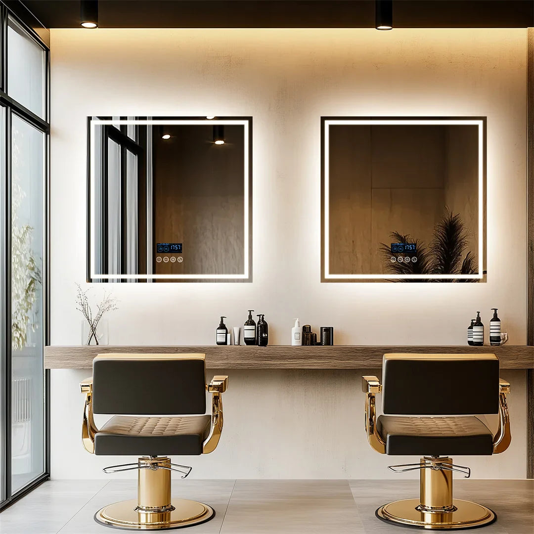 Smart Square Lighted Bathroom Mirror with Bluetooth Speaker, Double light,Wall Vanity LED Mirror with Time Date Temperature Display