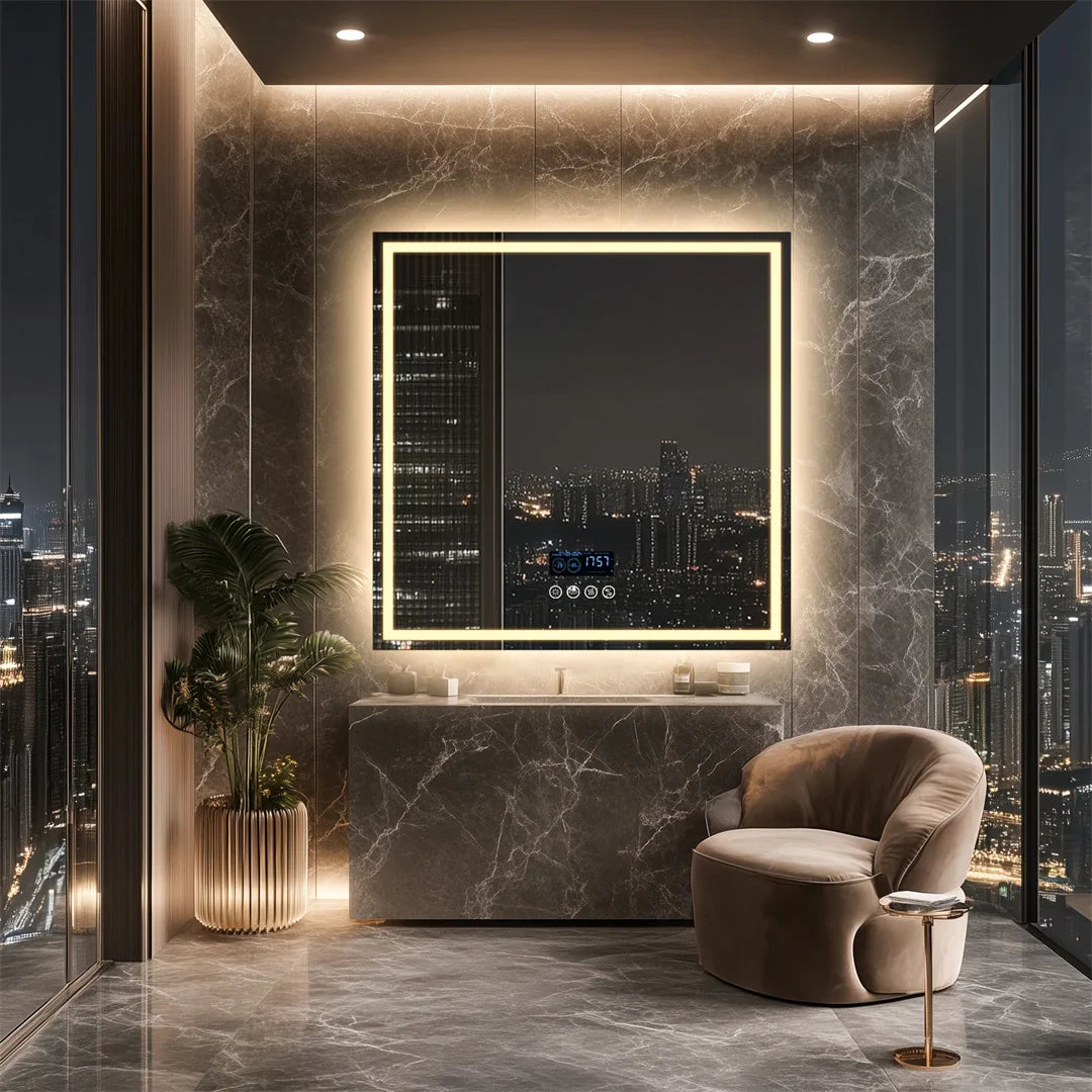 Smart Square Lighted Bathroom Mirror with Bluetooth Speaker, Double light,Wall Vanity LED Mirror with Time Date Temperature Display