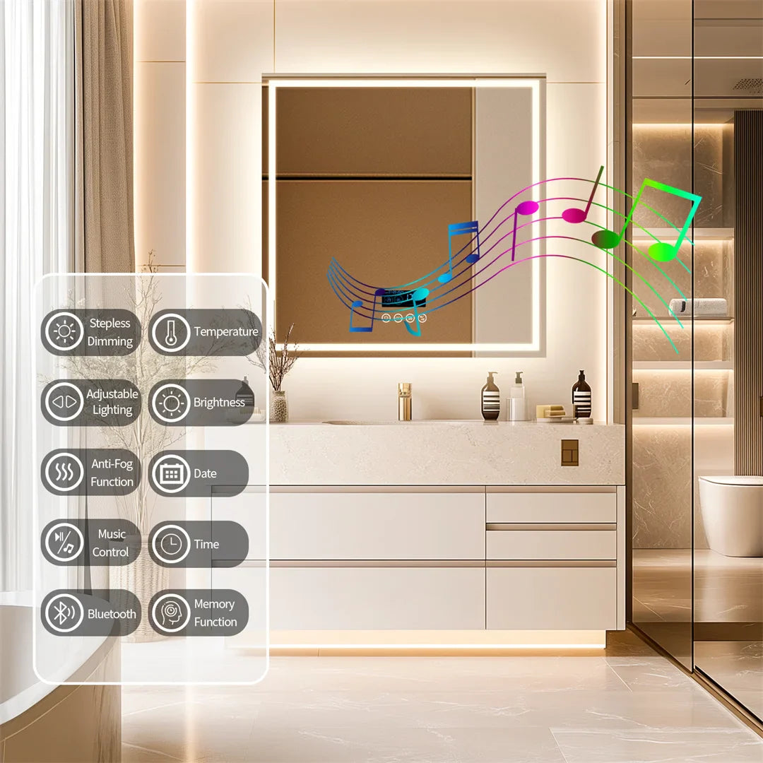 Smart Square Lighted Bathroom Mirror with Bluetooth Speaker, Double light,Wall Vanity LED Mirror with Time Date Temperature Display