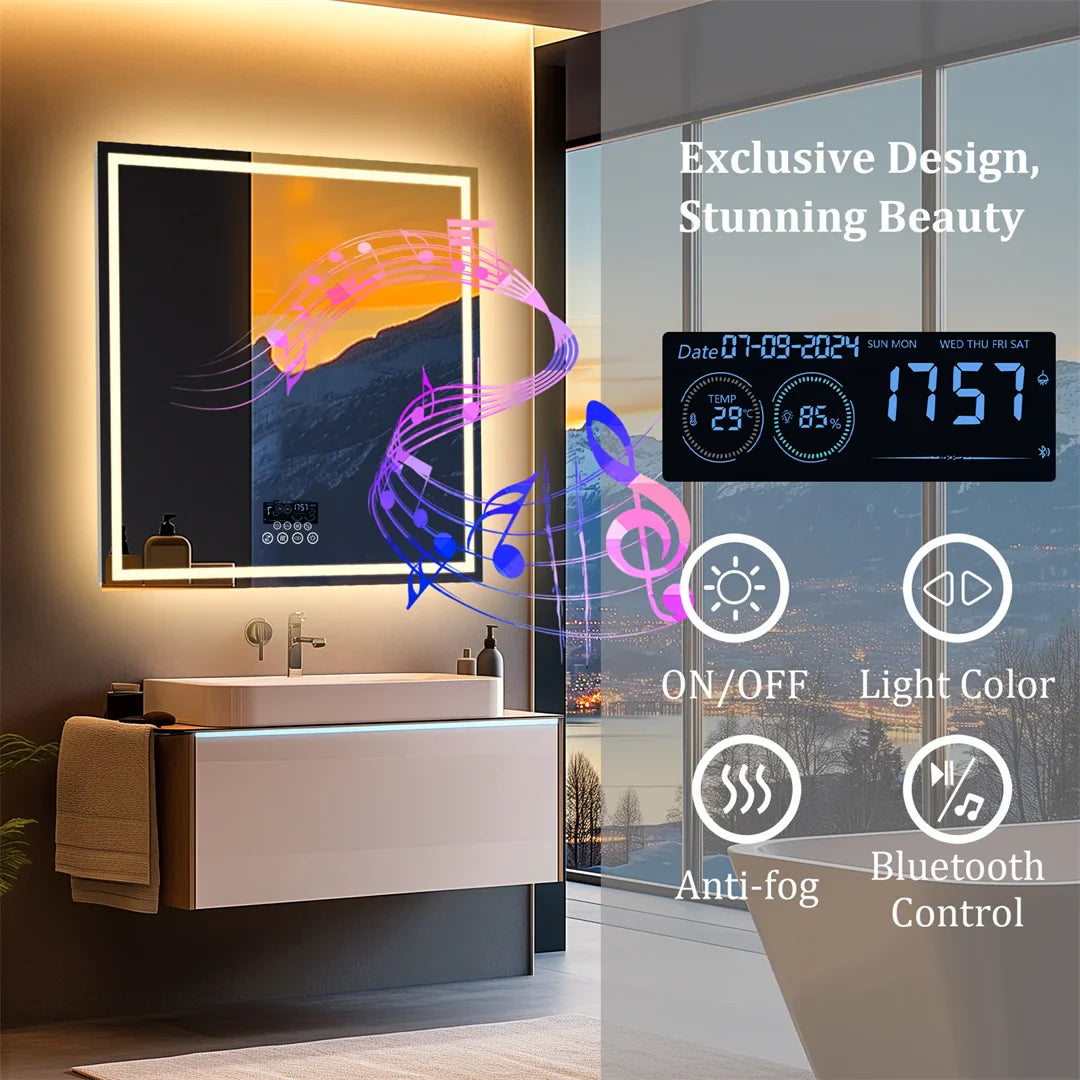 Smart Square Lighted Bathroom Mirror with Bluetooth Speaker, Double light,Wall Vanity LED Mirror with Time Date Temperature Display