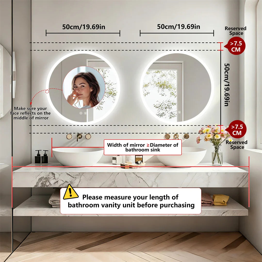 Backlit Round LED Bathroom Mirror, Dimmable Anti-Fog Waterproof Vanity Mirror