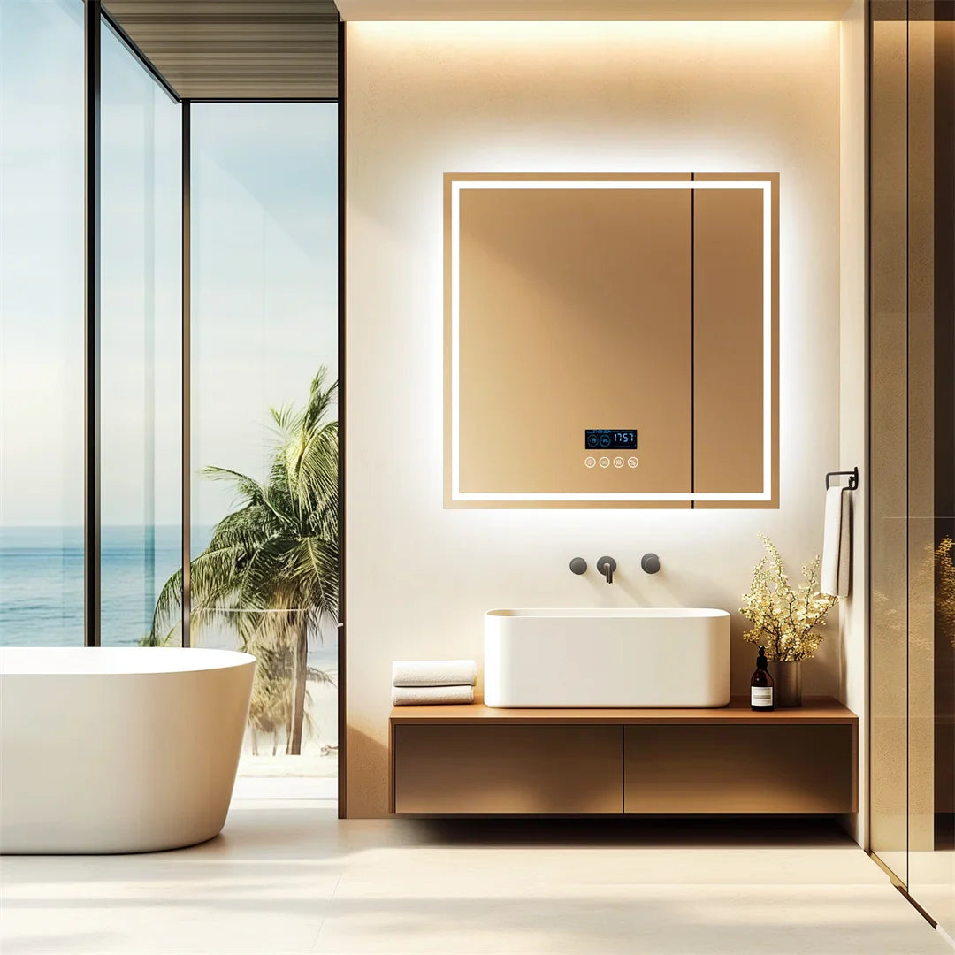 Smart Square Lighted Bathroom Mirror with Bluetooth Speaker, Double light,Wall Vanity LED Mirror with Time Date Temperature Display