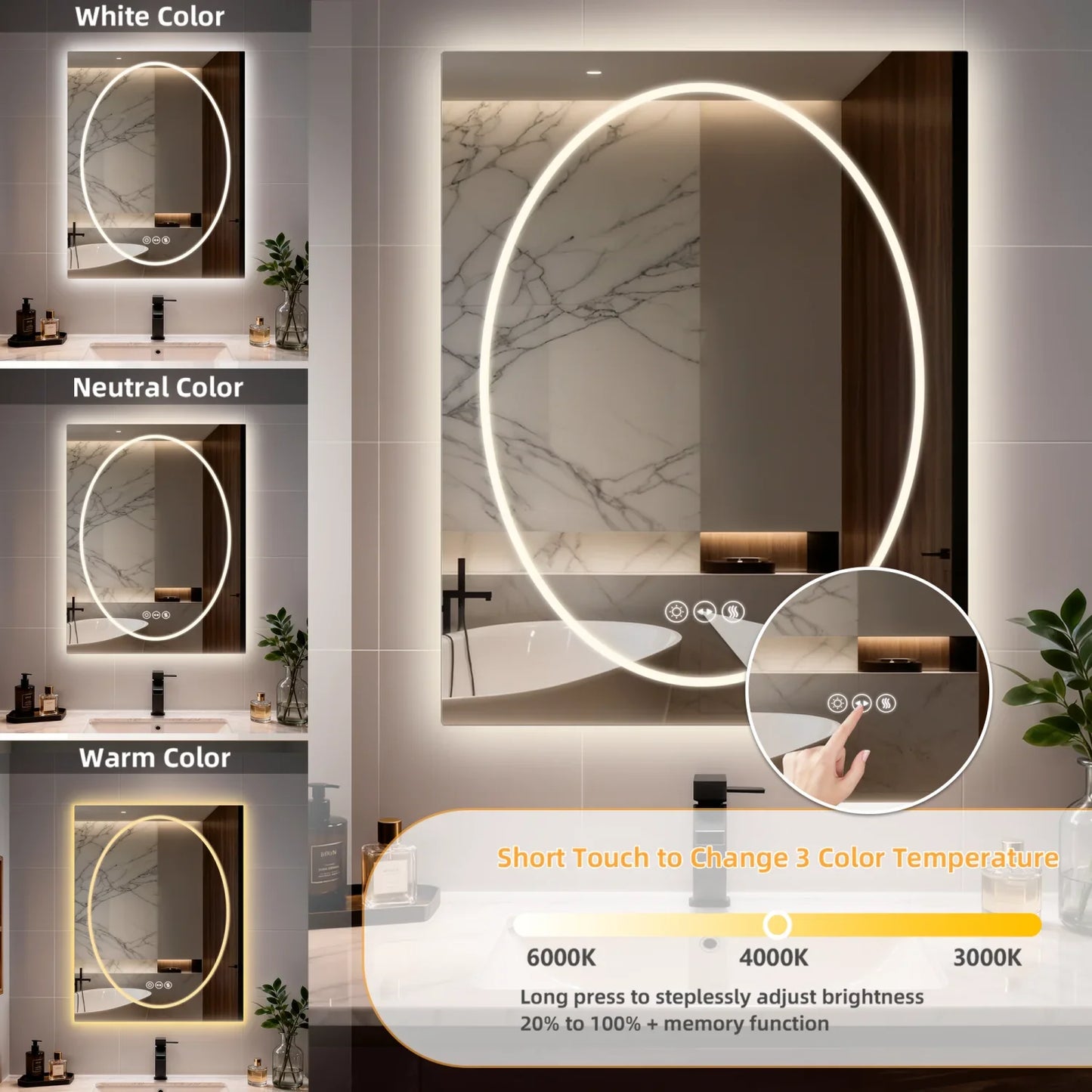 Frameless Double LED Lighted Bathroom Mirror, Rectangle & Round Tempered Glass Frontlit and Backlit Antifog