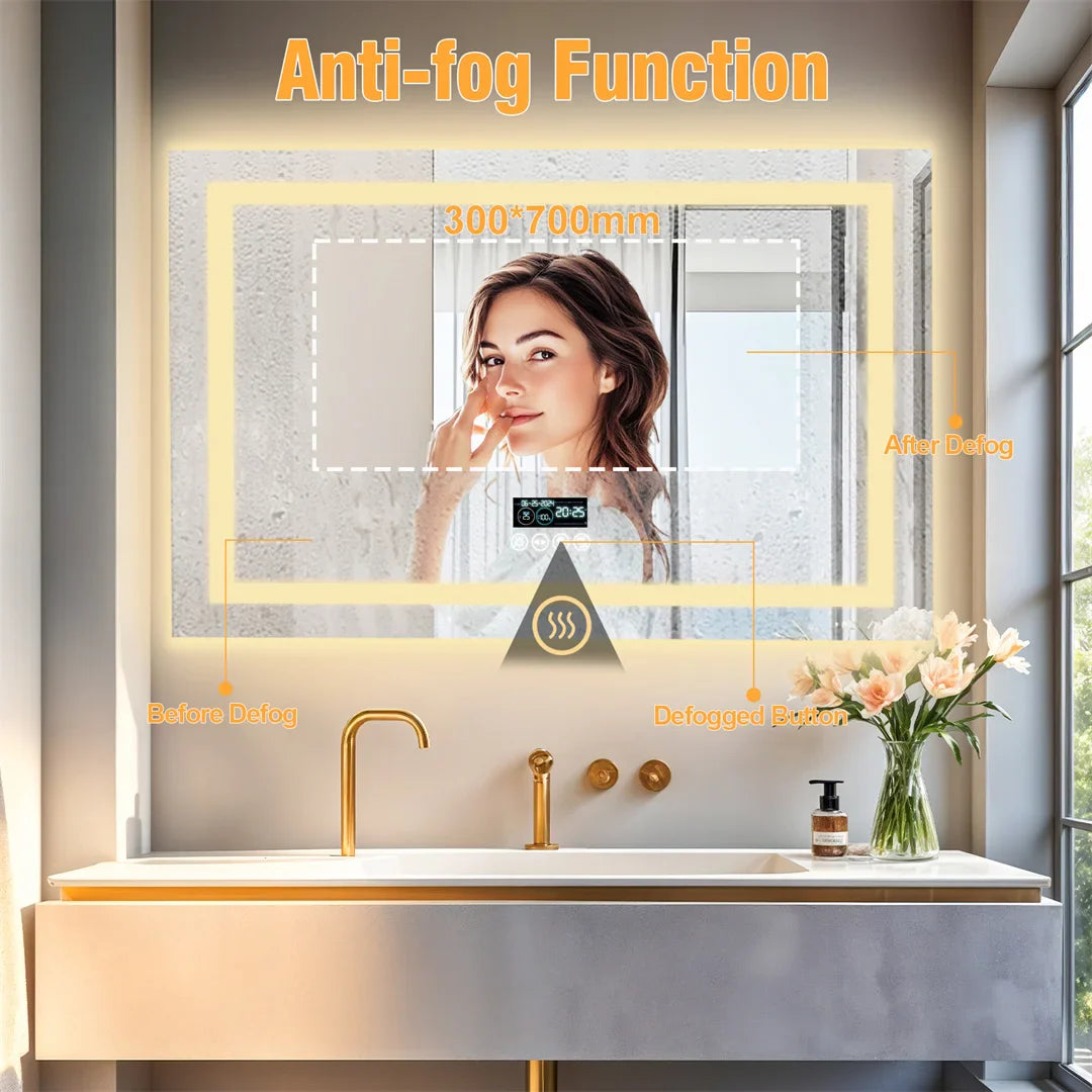 Rectangle Bluetooth Smart Bathroom Mirror Illuminated Defog with Speakers and Time/Date/Temperature Display