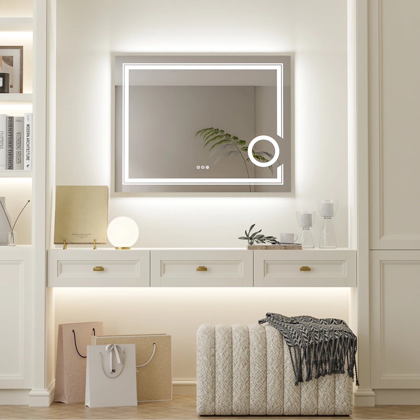 Double lights Smart LED Rectangle Bathroom Mirror with 3X Lighted Magnifier, Front Backlit Dimmable Anti-Fog