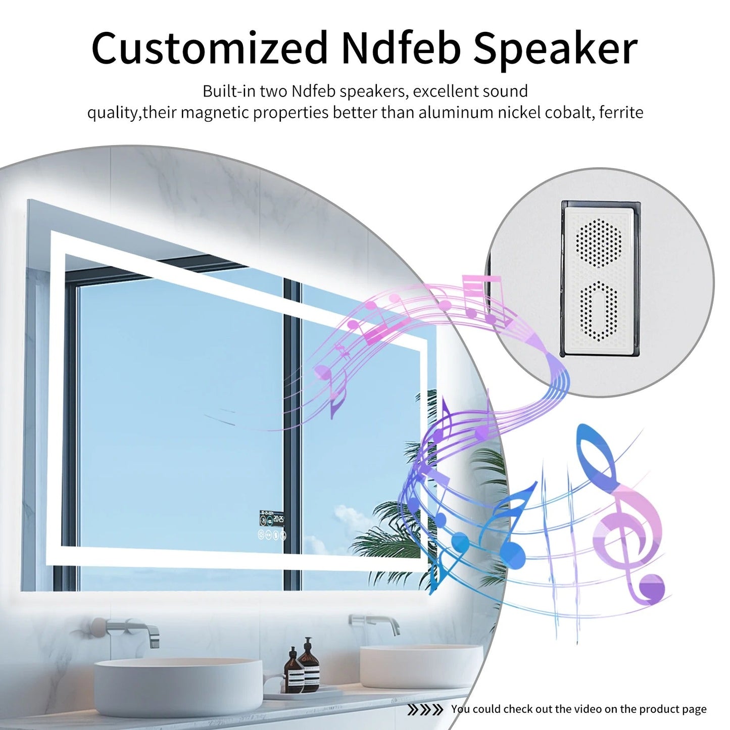 Smart LED Bathroom Mirror With Bluetooth,Multiple Size Rectangle Double Lights with Anti-Fog, 3 Color
