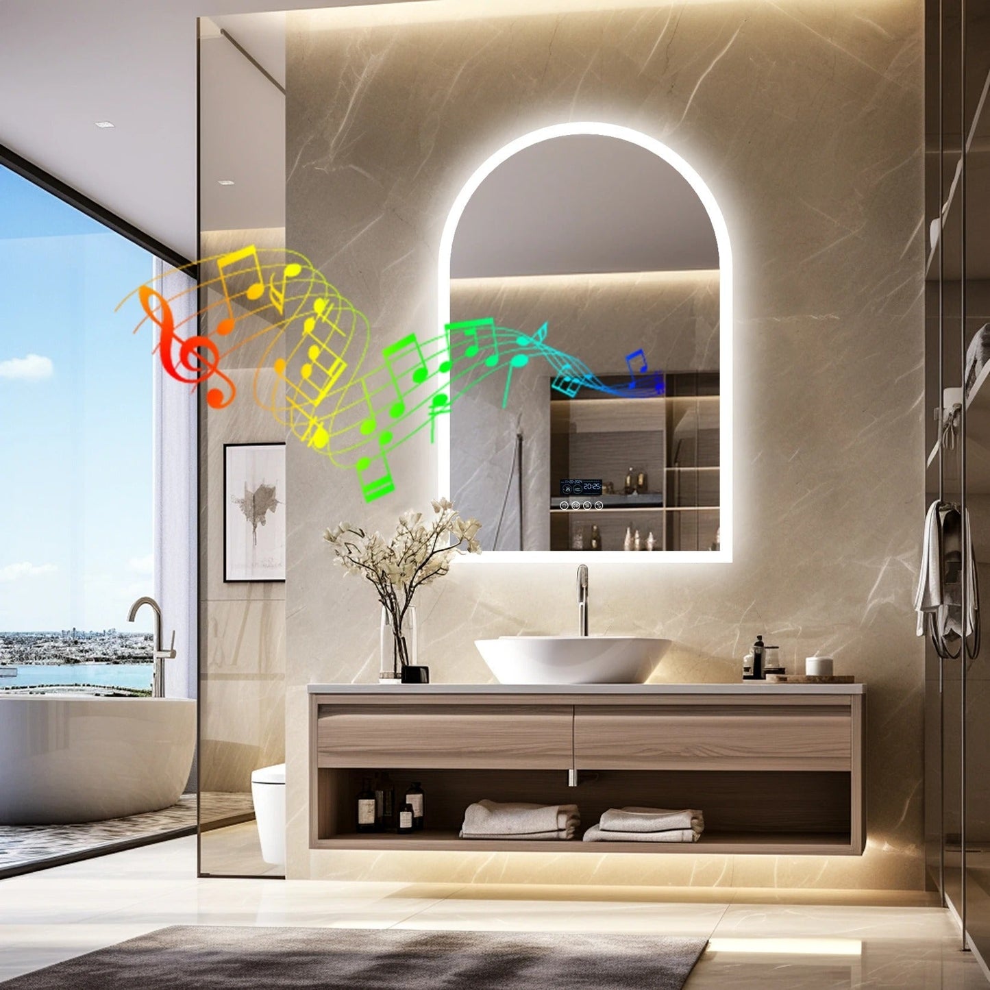 Arched LED Backlit Bluetooth Bathroom Mirror – 24x36" Dimmable, Fogless Vanity Mirror with Time & Temperature Display