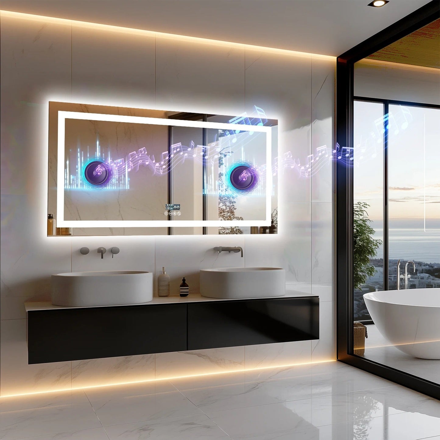 Smart LED Bathroom Mirror With Bluetooth,Multiple Size Rectangle Double Lights with Anti-Fog, 3 Color