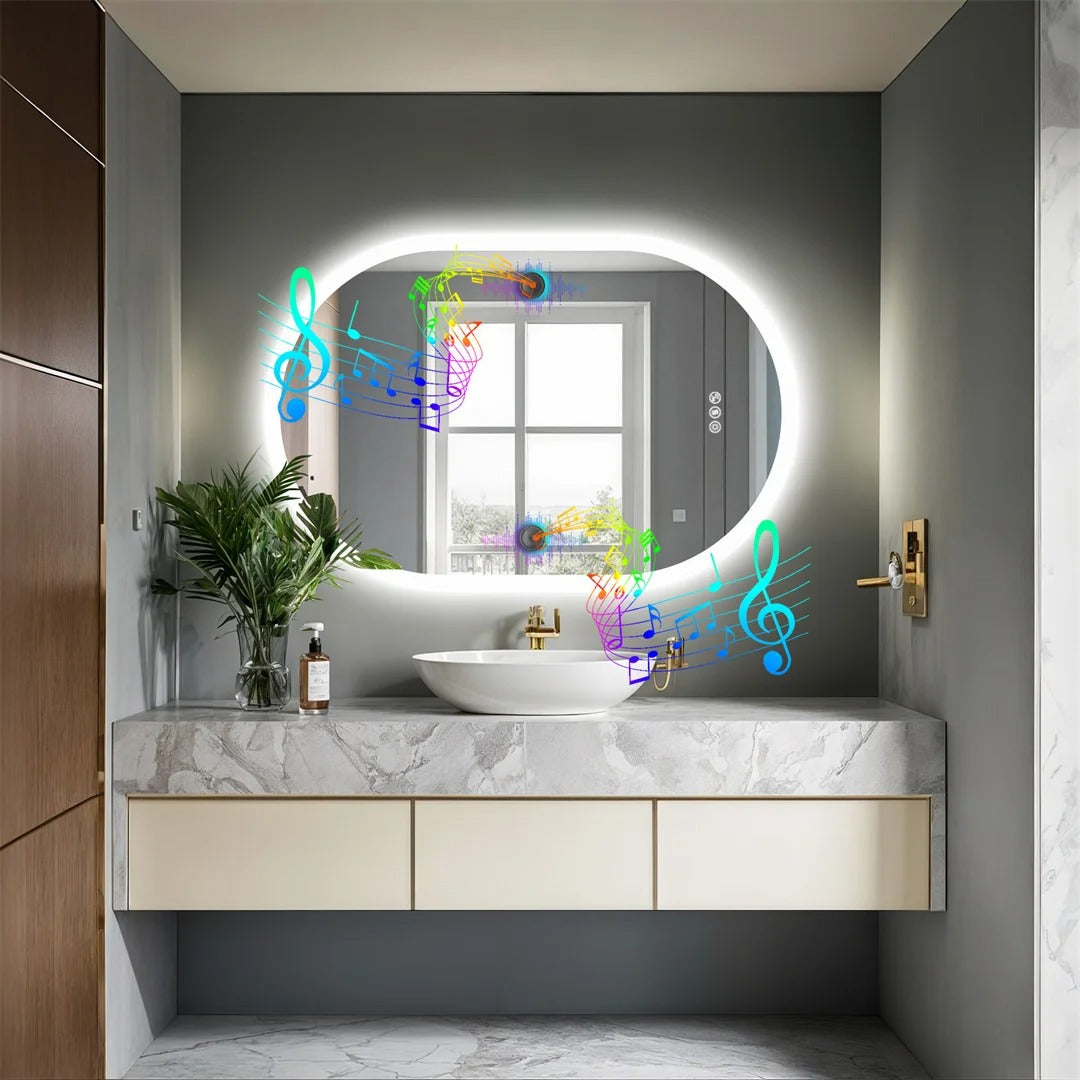 Oval Smart Illuminated Bathroom Vanity Mirror With Bluetooth Speakers, 24x36"