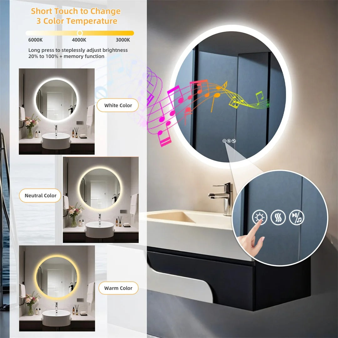 32-Inch Round LED Bathroom Mirror with Bluetooth Speakers – Wall-Mounted Lighted Vanity Mirror with Anti-Fog Function