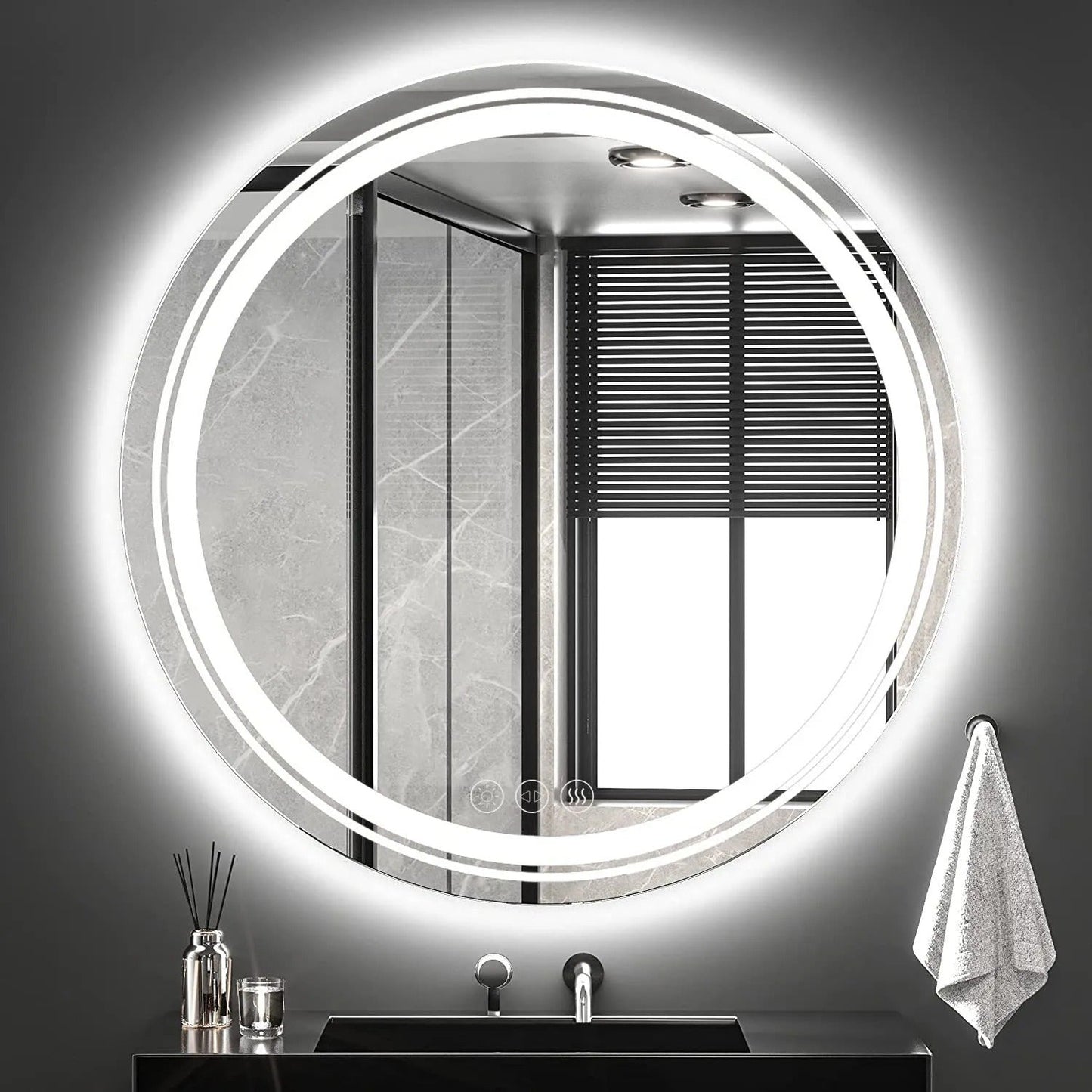 Round Double Lights LED Bathroom Smart Make up Mirror Dimmable, Anti-Fog Circle Wall Mounted Mirror