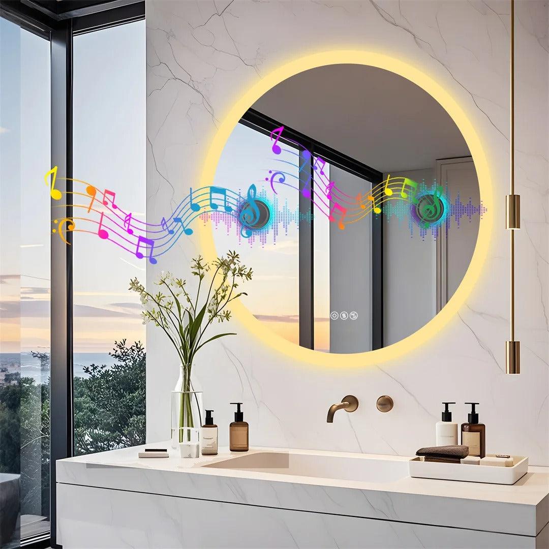 32-Inch Round LED Bathroom Mirror with Bluetooth Speakers – Wall-Mounted Lighted Vanity Mirror with Anti-Fog Function