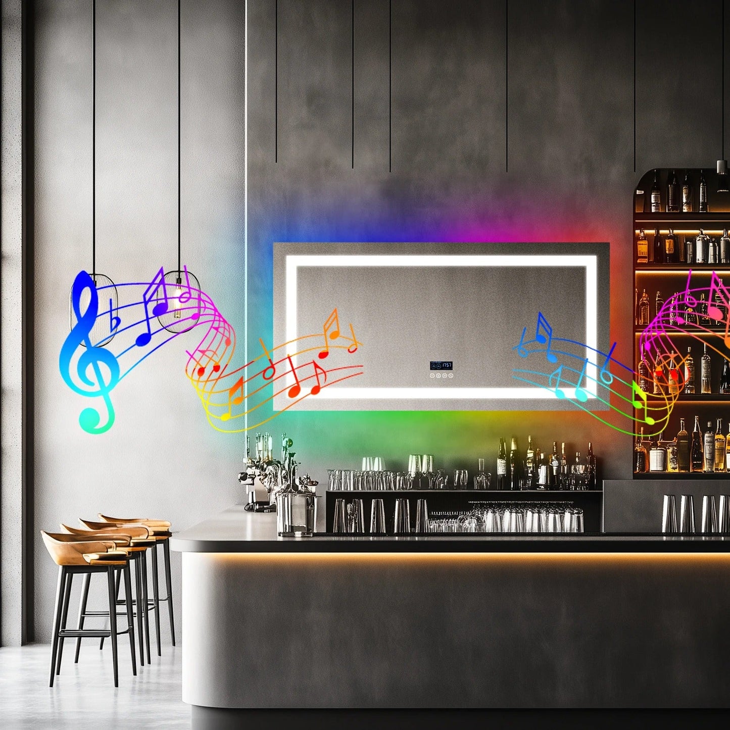 Large Smart Rectangle Multiple Size Glitzy RGB LED Bathroom Mirror With Bluetooth Speakers, Double Light, Anti-Fog, Time Date & Temperature Display