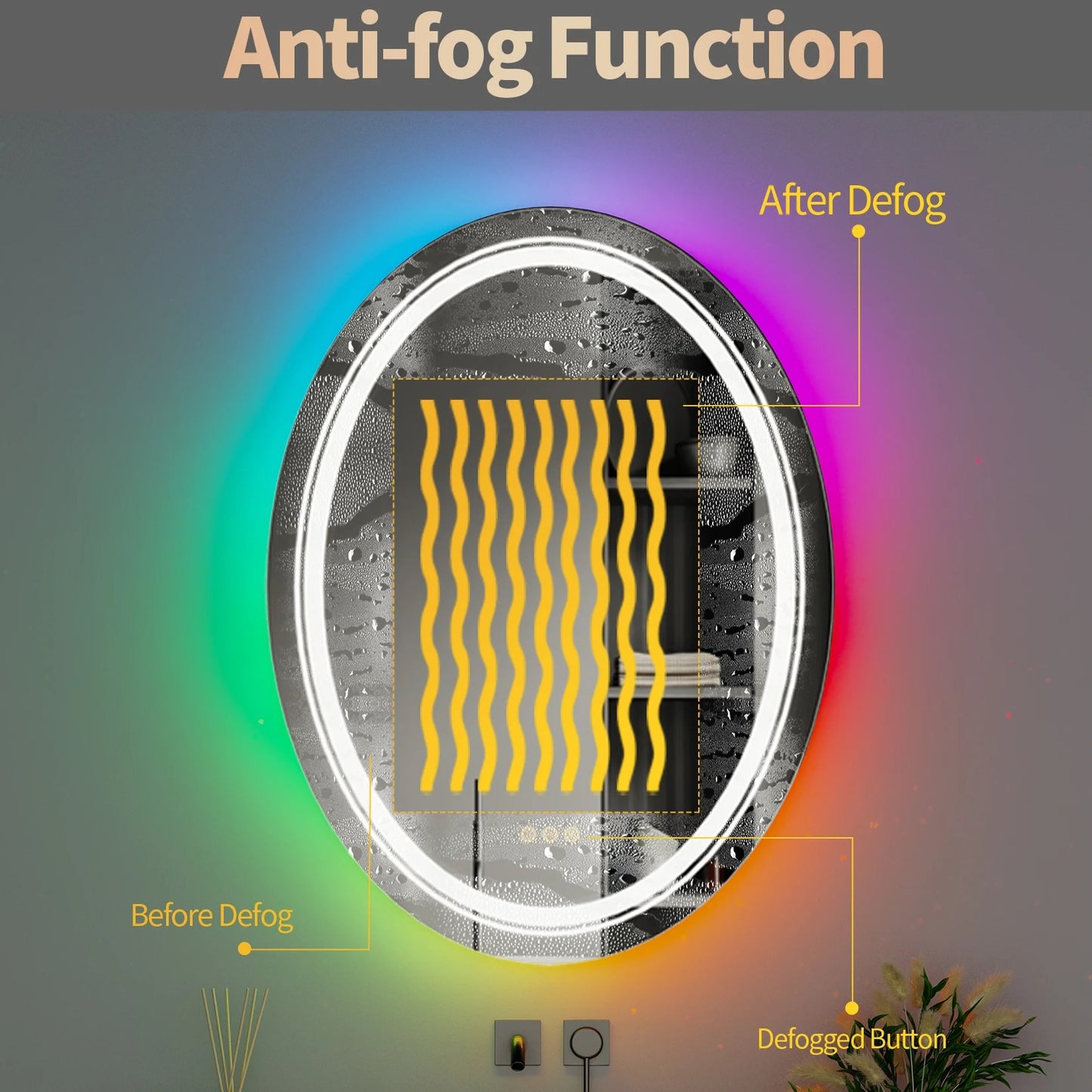 Oval Glitzy RGB Double Light LED Bathroom Mirror RGB Color Changing Dimmable Anti-Fog