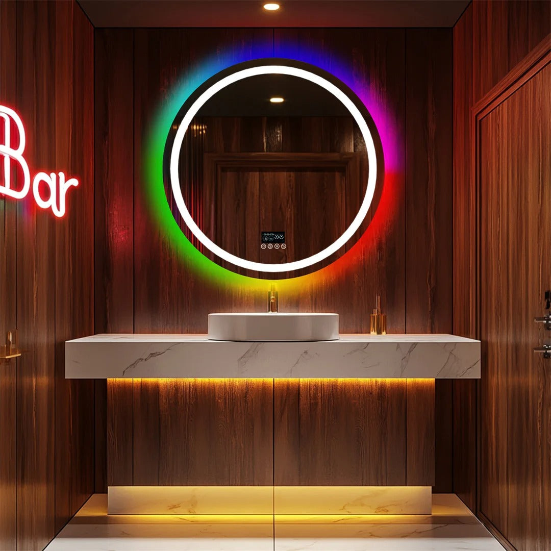 Round Glitzy RGB,Smart LED mirror With Bluetooth Speakers,Double Light LED Bathroom Mirror ,Anti-Fog