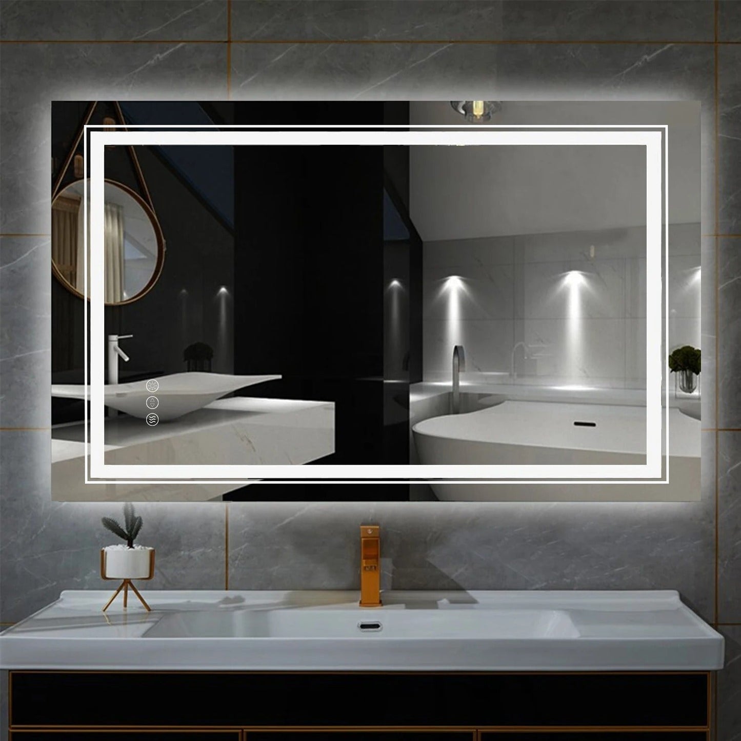 Rectangle Double Light LED Illuminated Smart Mirror Bathroom Makeup Mirror with Dimmable Anti-Fog