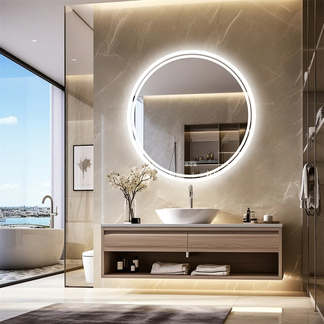 Round Backlit Light Bathroom Smart Mirror,Wall Mounted, Anti-Fog, 3 Color Settings