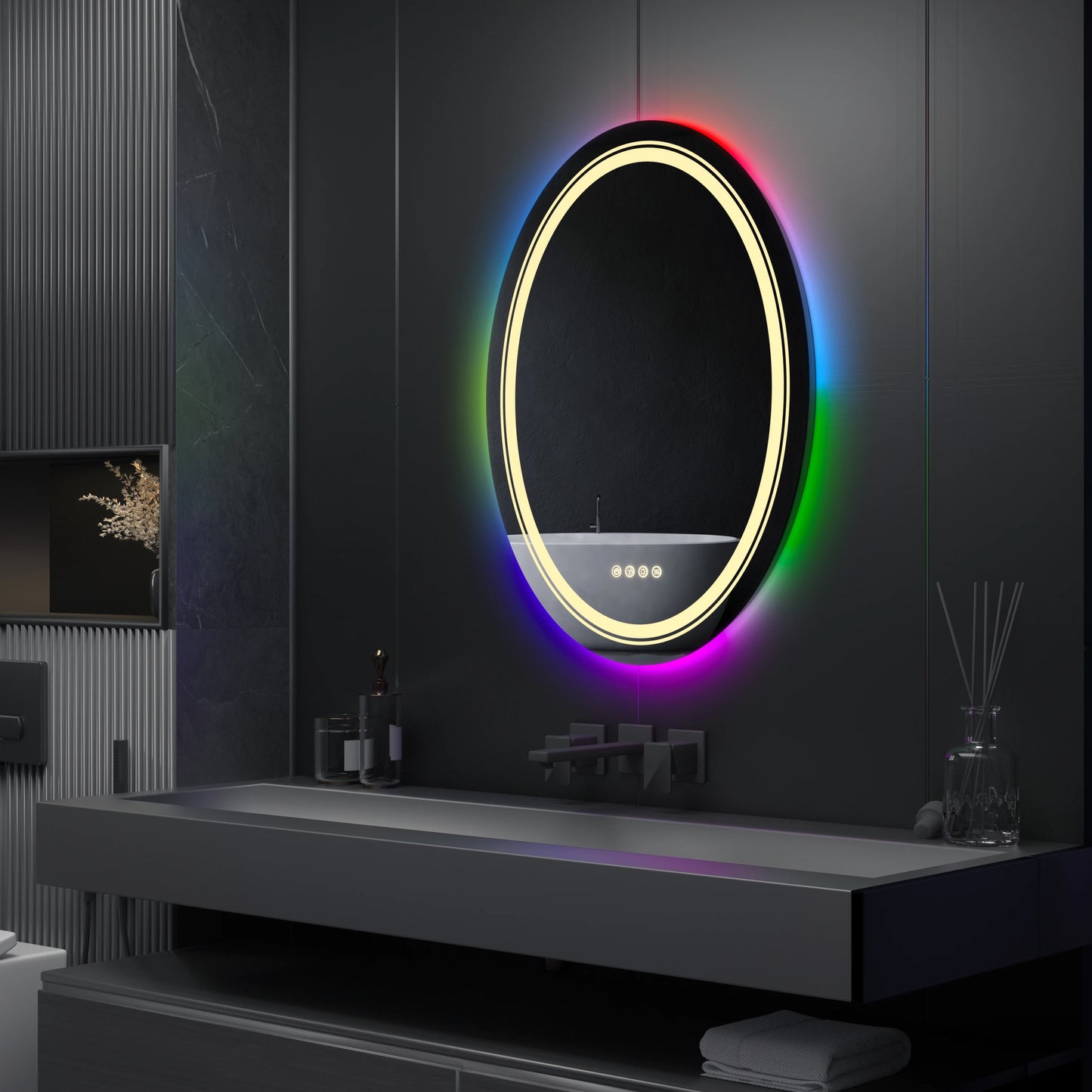 Oval Glitzy RGB Double Light LED Bathroom Mirror RGB Color Changing Dimmable Anti-Fog