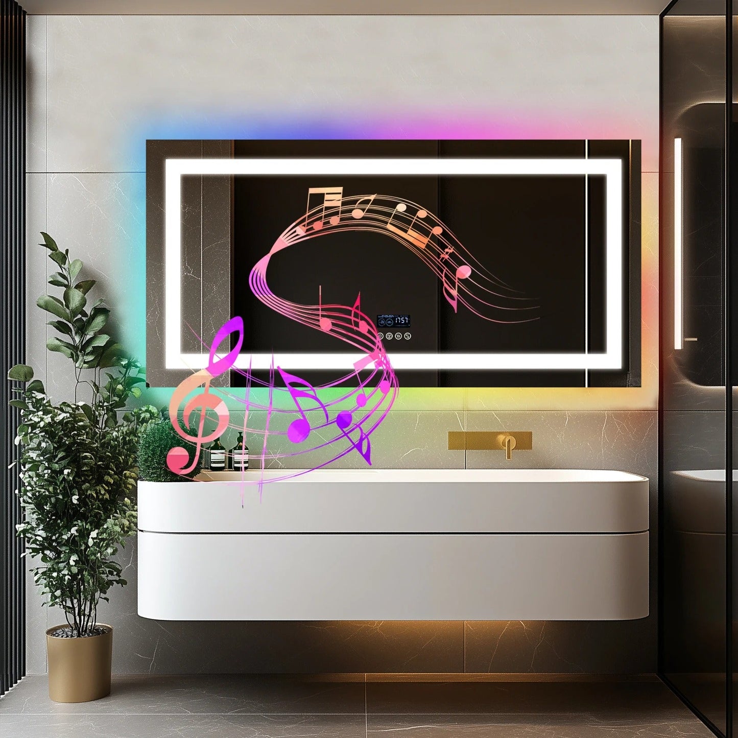 Large Smart Rectangle Multiple Size Glitzy RGB LED Bathroom Mirror With Bluetooth Speakers, Double Light, Anti-Fog, Time Date & Temperature Display