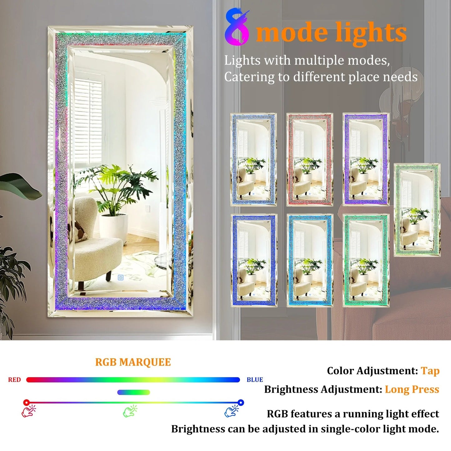 Full-Length Wall Mirror with RGB LED Lights – Decorative Rectangle Large 48x24" Vanity Mirror for Bathroom, Living Room & Cloakroom