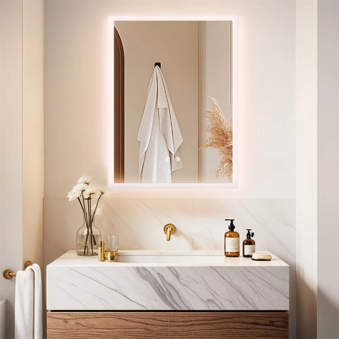 Backlit Rectangle Vanity Mirror with Touch Sensor & Anti-Fog Function, Wall-Mounted LED Bathroom Mirror