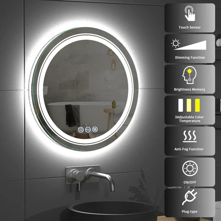Round Double Lights LED Bathroom Smart Make up Mirror Dimmable, Anti-Fog Circle Wall Mounted Mirror