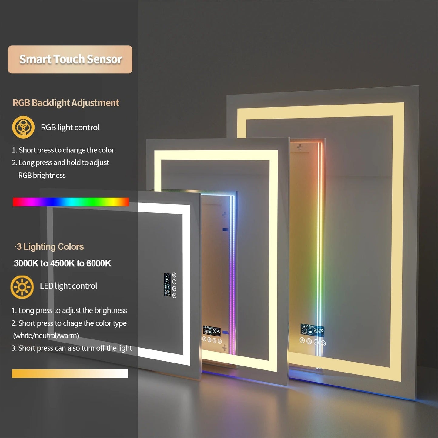 Rectangle Multiple Size Glitzy RGB,Large Smart LED mirror With Bluetooth Speakers,Double Light LED Bathroom Mirror ,Anti-Fog