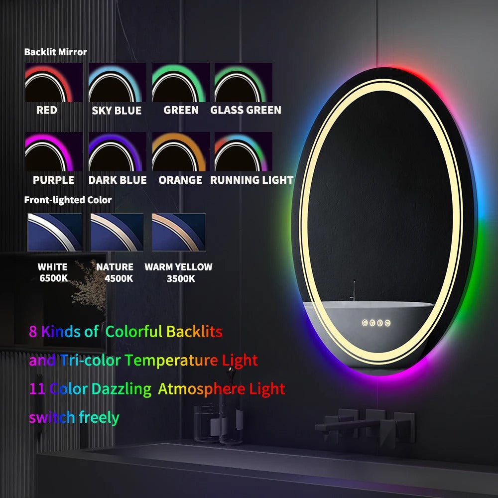 Oval Glitzy RGB Double Light LED Bathroom Mirror RGB Color Changing Dimmable Anti-Fog