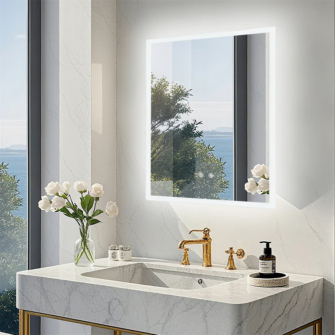 Backlit Rectangle Vanity Mirror with Touch Sensor & Anti-Fog Function, Wall-Mounted LED Bathroom Mirror