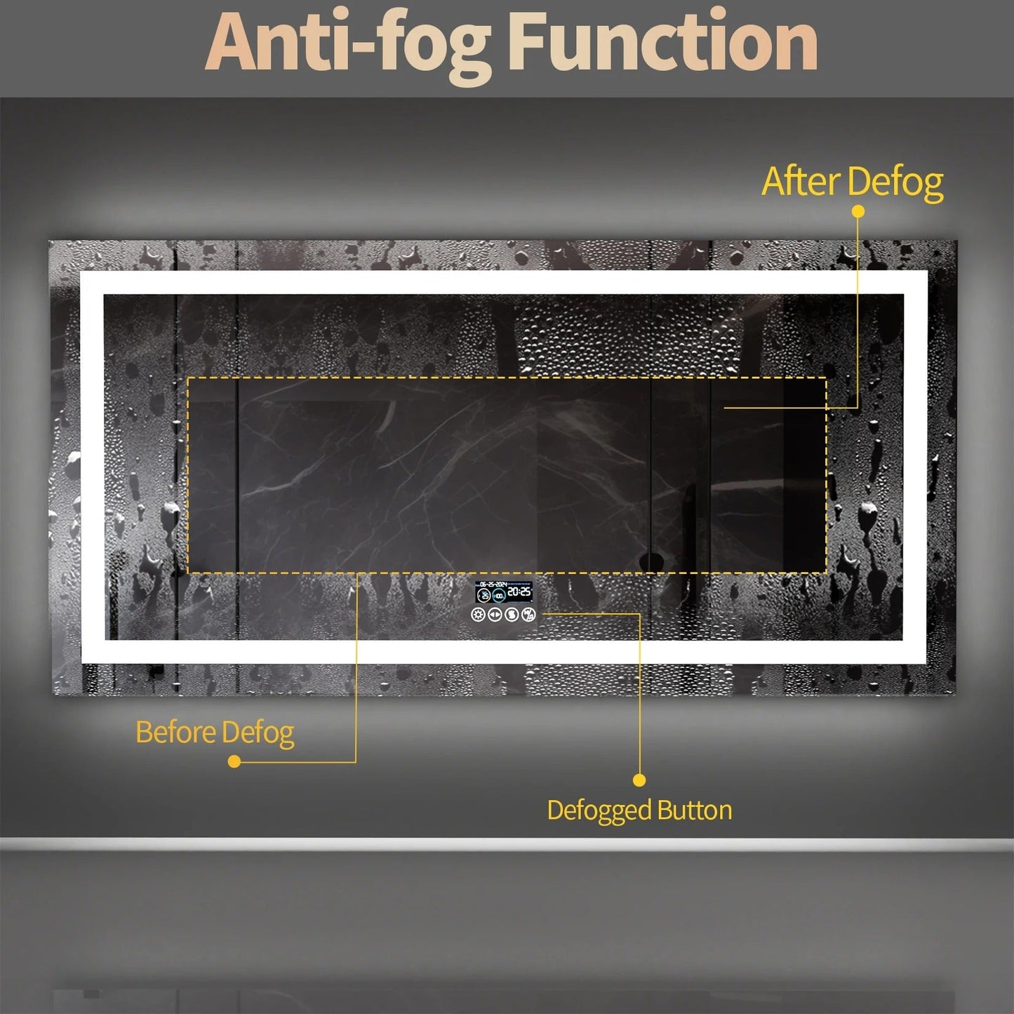 Smart LED Bathroom Mirror With Bluetooth,Multiple Size Rectangle Double Lights with Anti-Fog, 3 Color