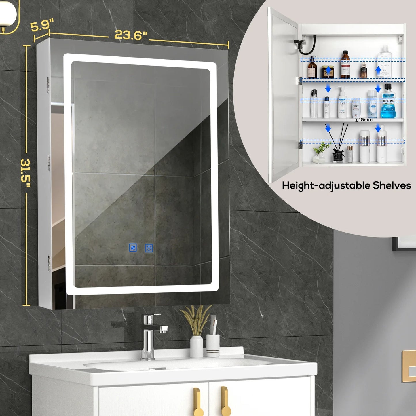 LED Mirror Bathroom Medicine Cabinet – Adjustable Storage, Defogger & 3-Color Dimmable Lighting, UC02