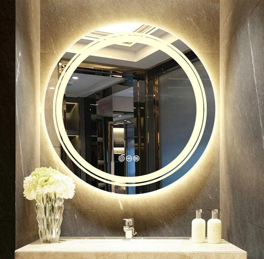 Round Double Lights LED Bathroom Smart Make up Mirror Dimmable, Anti-Fog Circle Wall Mounted Mirror