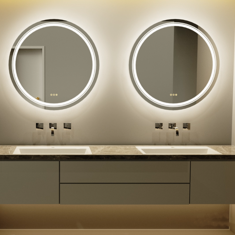Round Double Lights LED Bathroom Smart Make up Mirror Dimmable, Anti-Fog Circle Wall Mounted Mirror