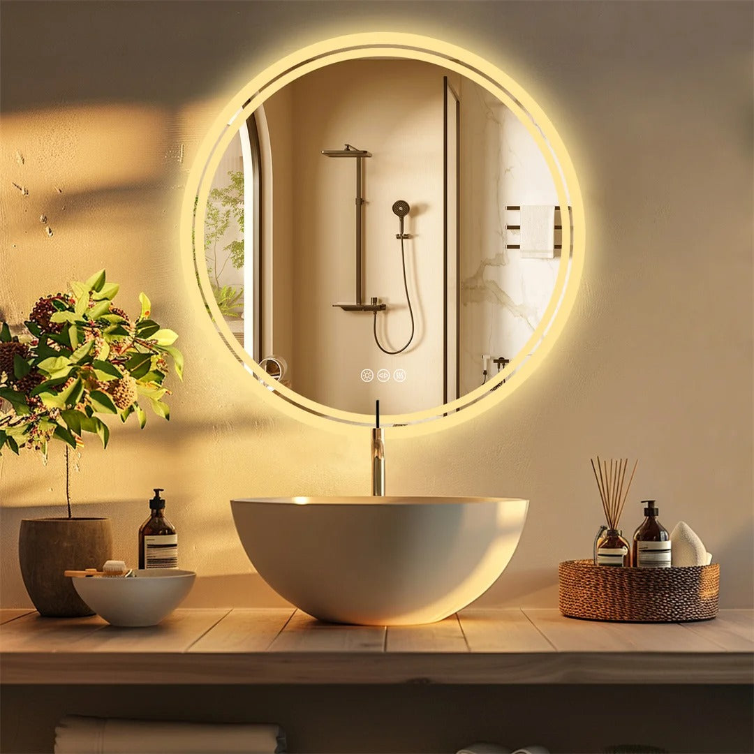Round Backlit Light Bathroom Smart Mirror,Wall Mounted, Anti-Fog, 3 Color Settings