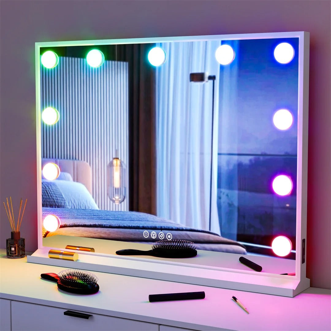 32”x24” Hollywood Lighted Makeup Mirror – Large Rectangle Tabletop RGB Vanity Mirror with Bluetooth Speakers, USB Charging & Phone Stand