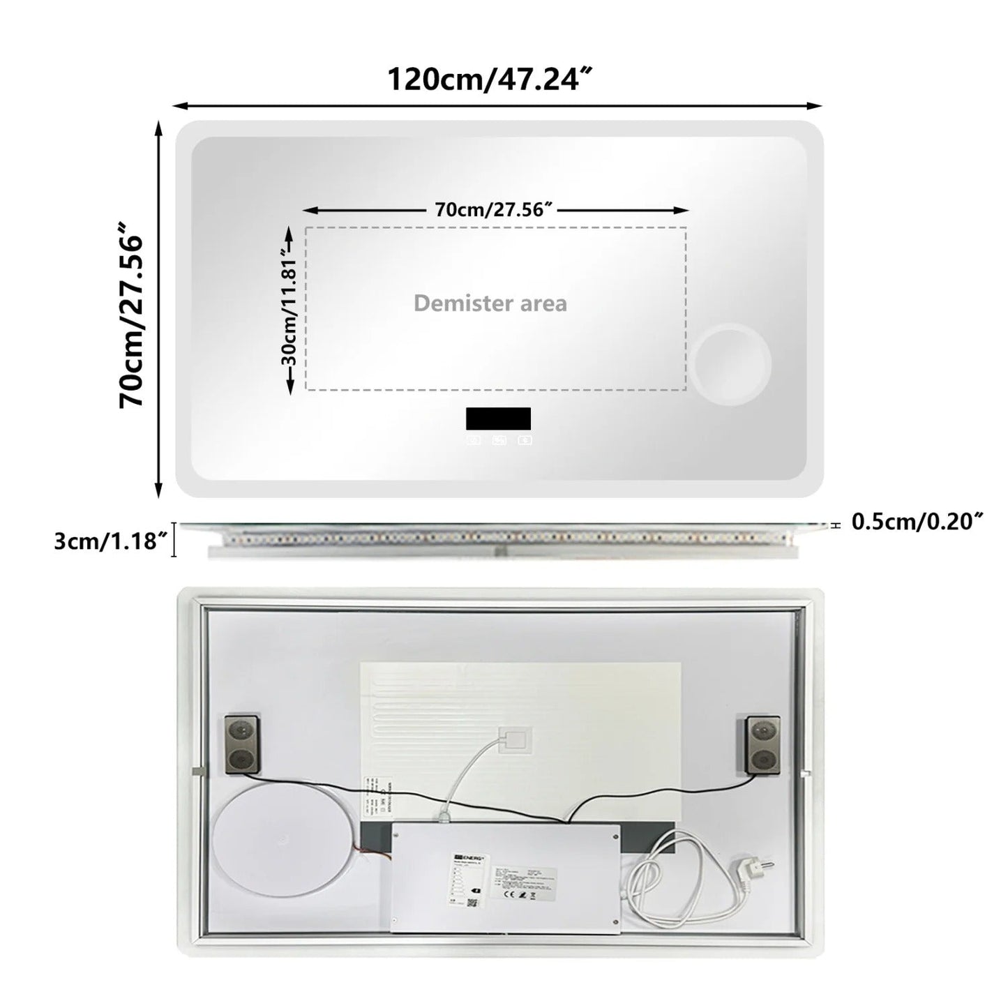 Rectangle Bluetooth LED Bathroom Mirror – Anti-Fog Vanity Mirror with 3X Magnifier, Dimmable Touch Light, Date & Time Display