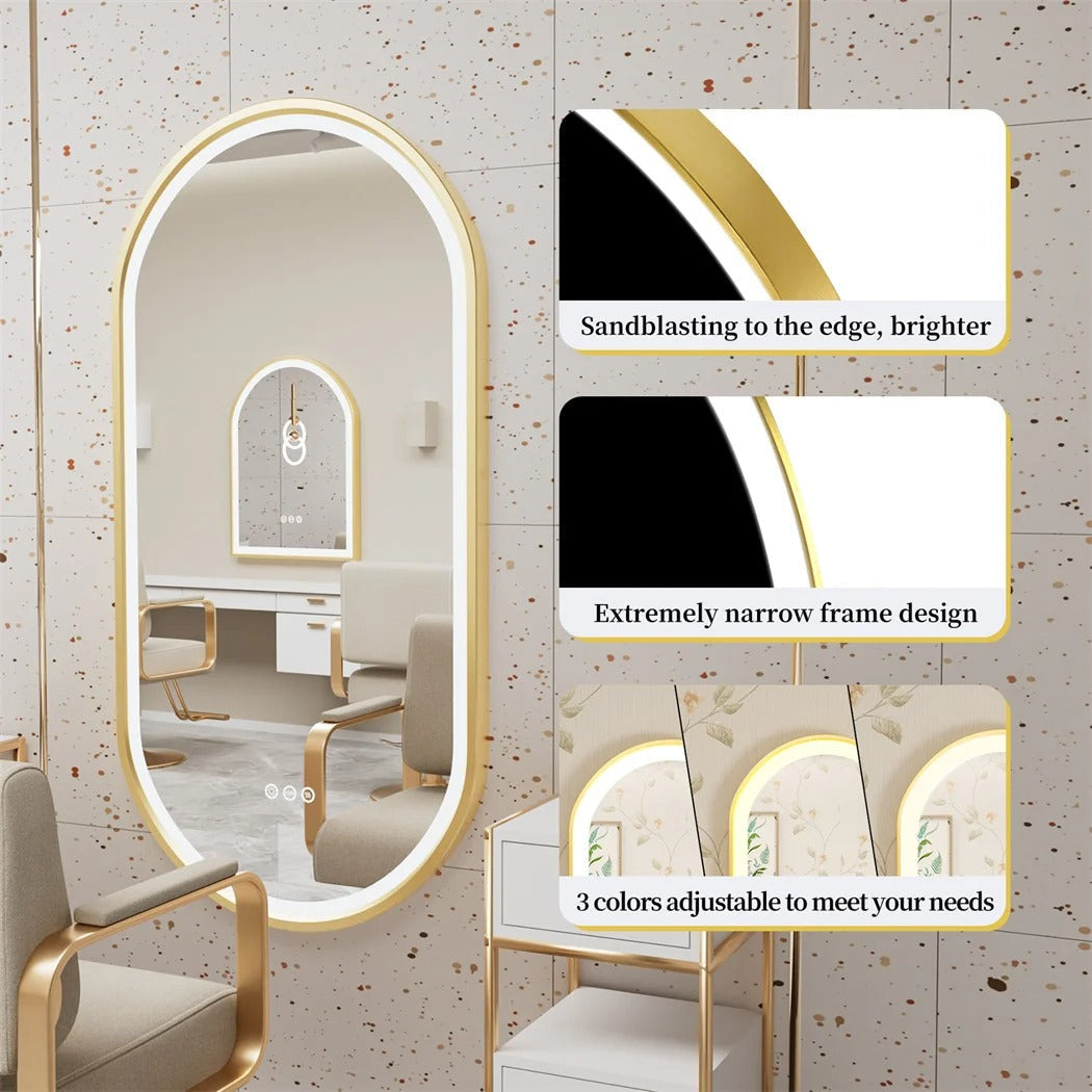 Oval Gold Aluminum Frame Frontlit LED Smart Bathroom Illumination Mirror, Wall Mounted, Anti-Fog