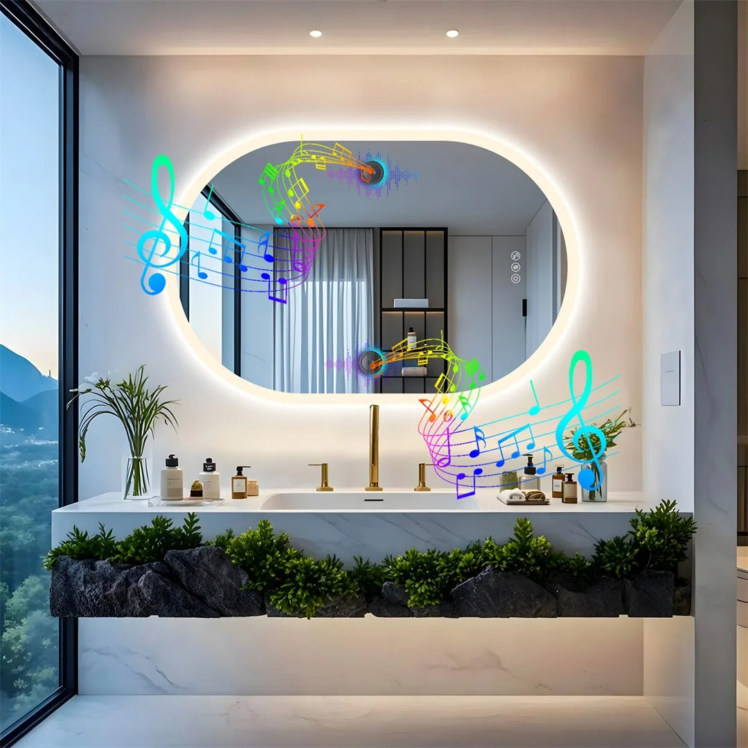 Oval Smart Illuminated Bathroom Vanity Mirror With Bluetooth Speakers, 24x36"