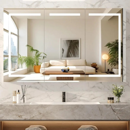 Extra Large 60 x 36 Inch Bathroom Medicine Cabinet with LED Mirror – 3-Door Wall-Mounted Storage Cabinet,UC03