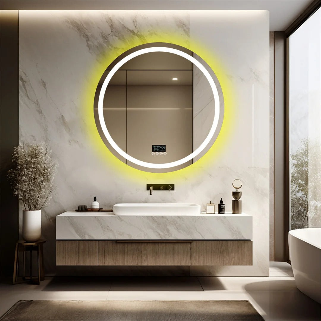 Round Glitzy RGB,Smart LED mirror With Bluetooth Speakers,Double Light LED Bathroom Mirror ,Anti-Fog