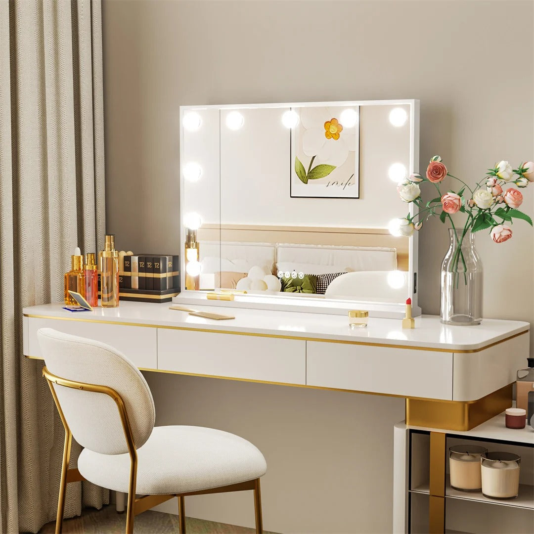 32”x24” Hollywood Lighted Makeup Mirror – Large Rectangle Tabletop RGB Vanity Mirror with Bluetooth Speakers, USB Charging & Phone Stand