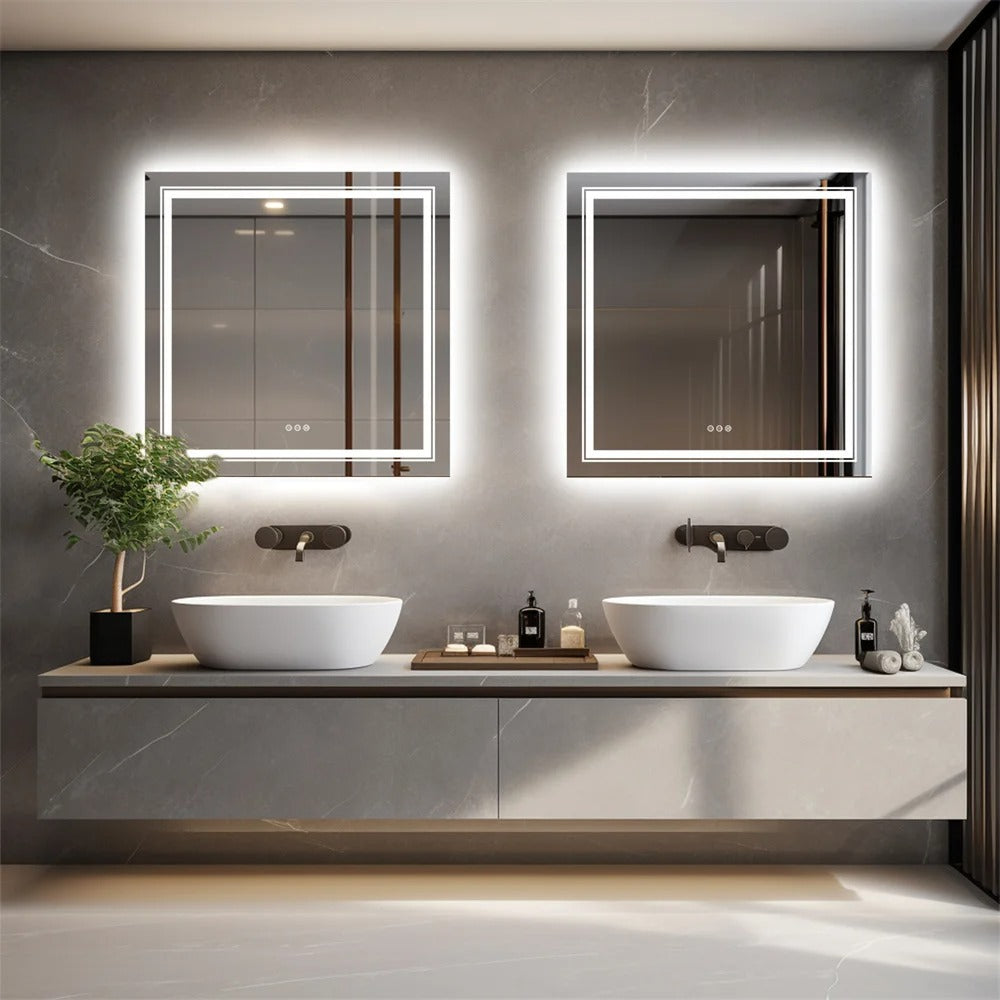 Double Light Square LED Illuminated Mirror Bathroom Makeup Mirror with Dimmable,Anti-Fog