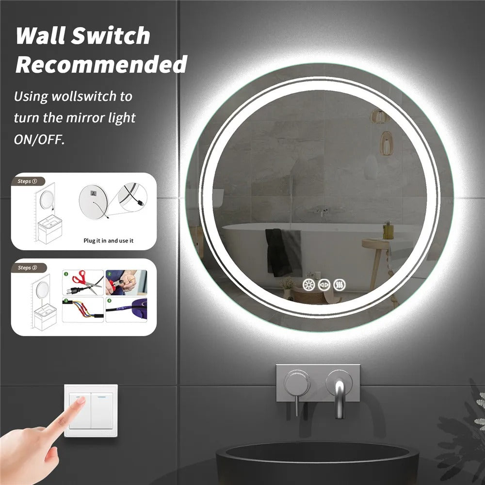 Round Double Lights LED Bathroom Smart Make up Mirror Dimmable, Anti-Fog Circle Wall Mounted Mirror
