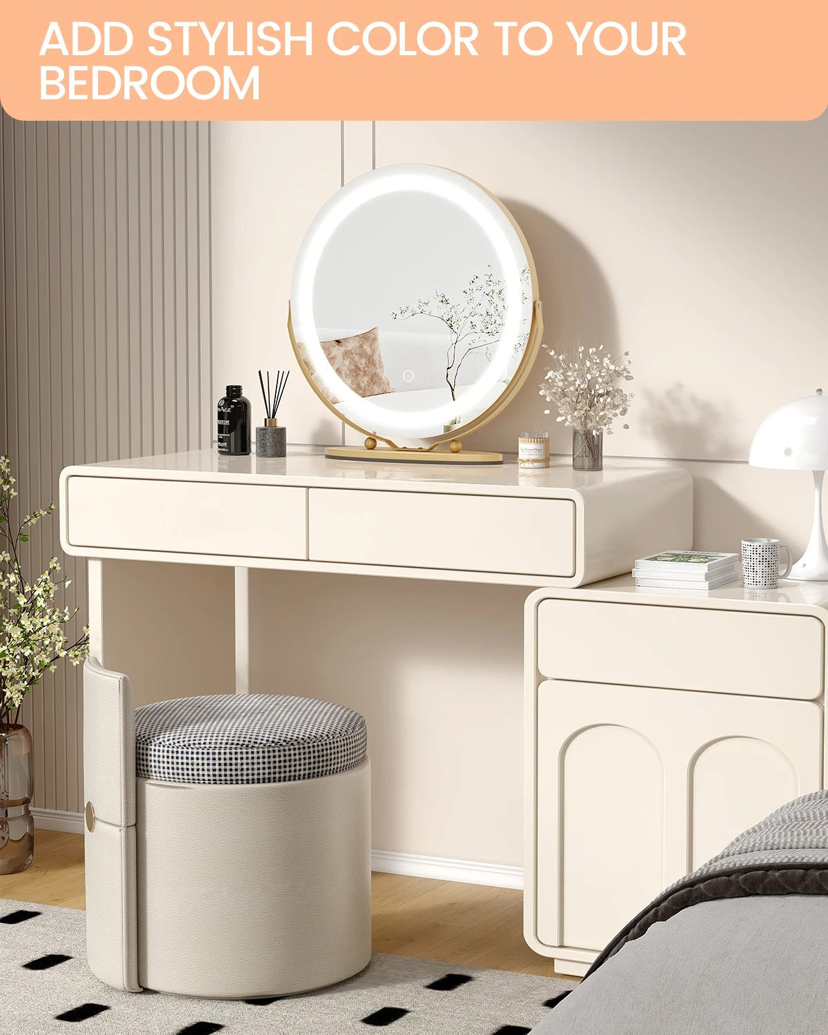 19" Large Round LED Vanity Mirror with Touch Control – Dimmable 3-Color Makeup Light for Bedroom Tabletop - M002