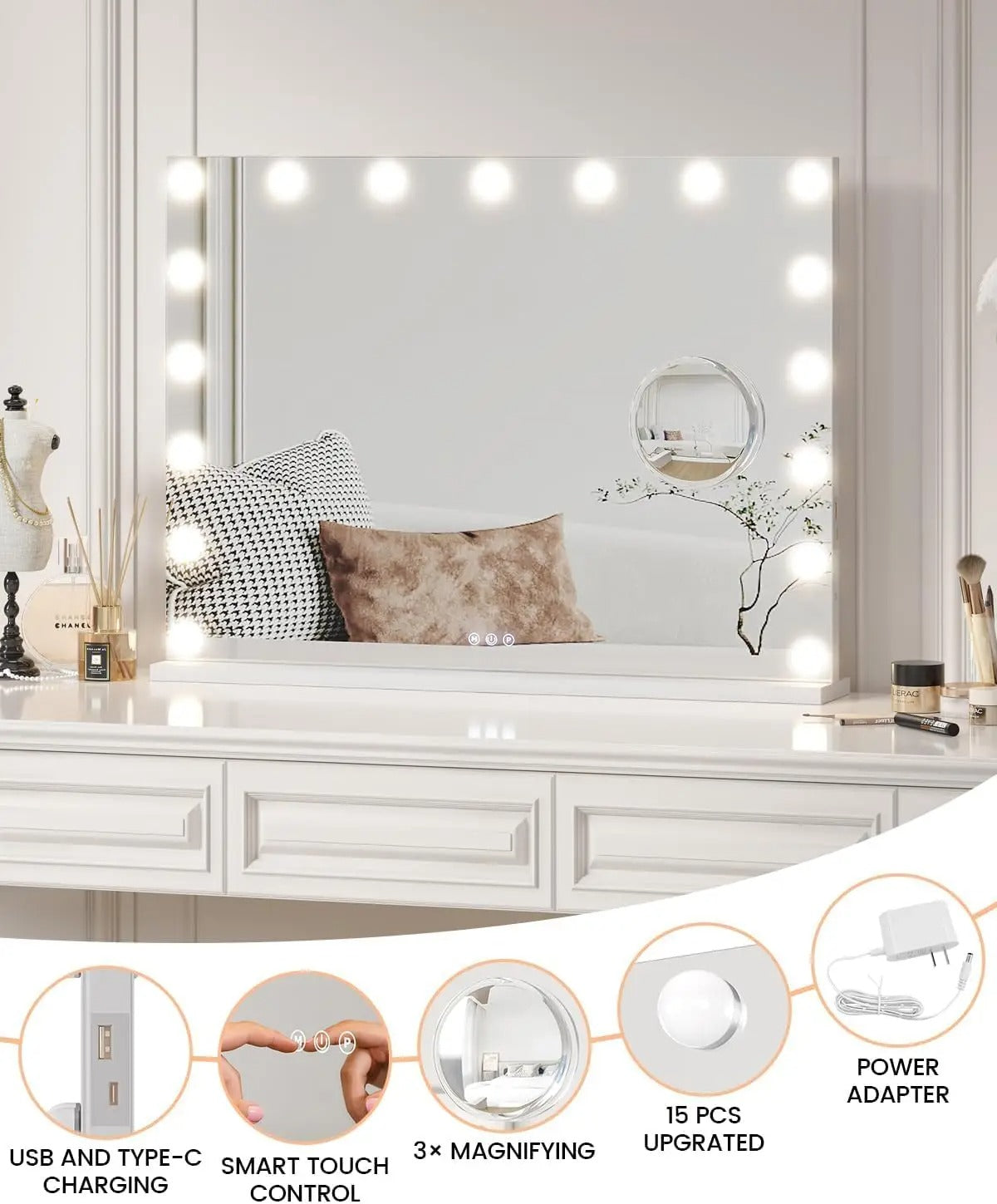 Large 32"x24" Rectangle Hollywood Makeup Mirror with 17 LED Bulbs – 3 Color Modes Touch Control with 3X Magnification for Dressing Table - M001