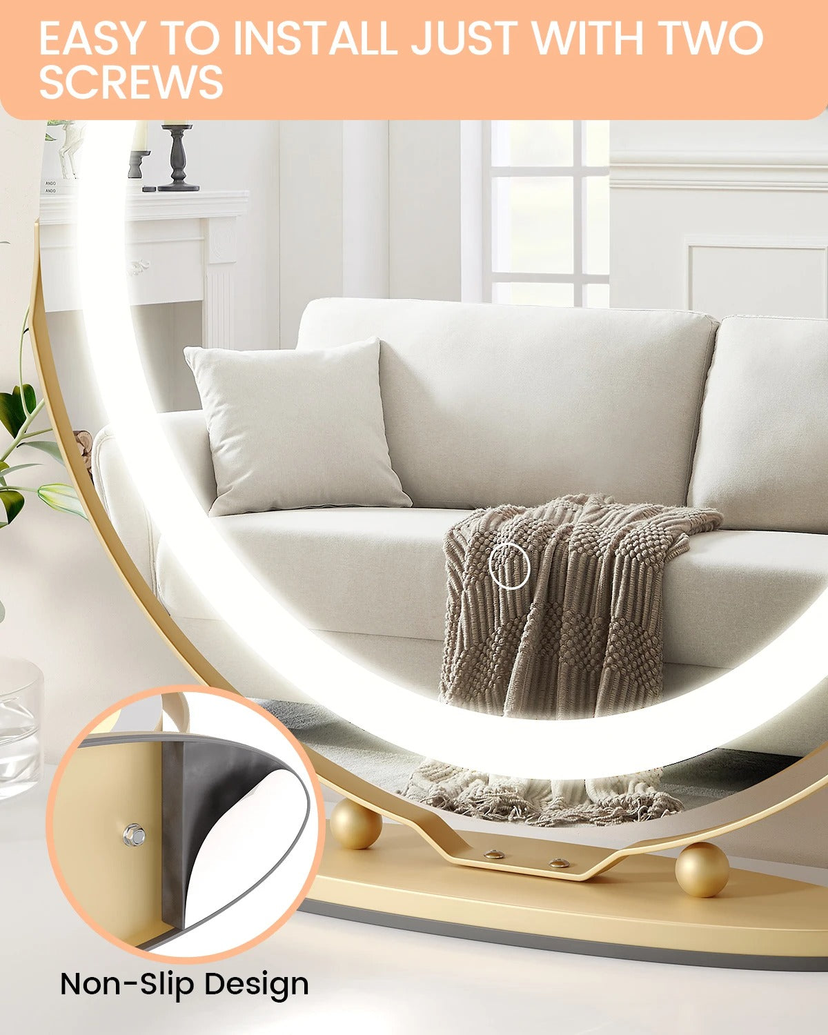 19" Large Round LED Vanity Mirror with Touch Control – Dimmable 3-Color Makeup Light for Bedroom Tabletop - M002