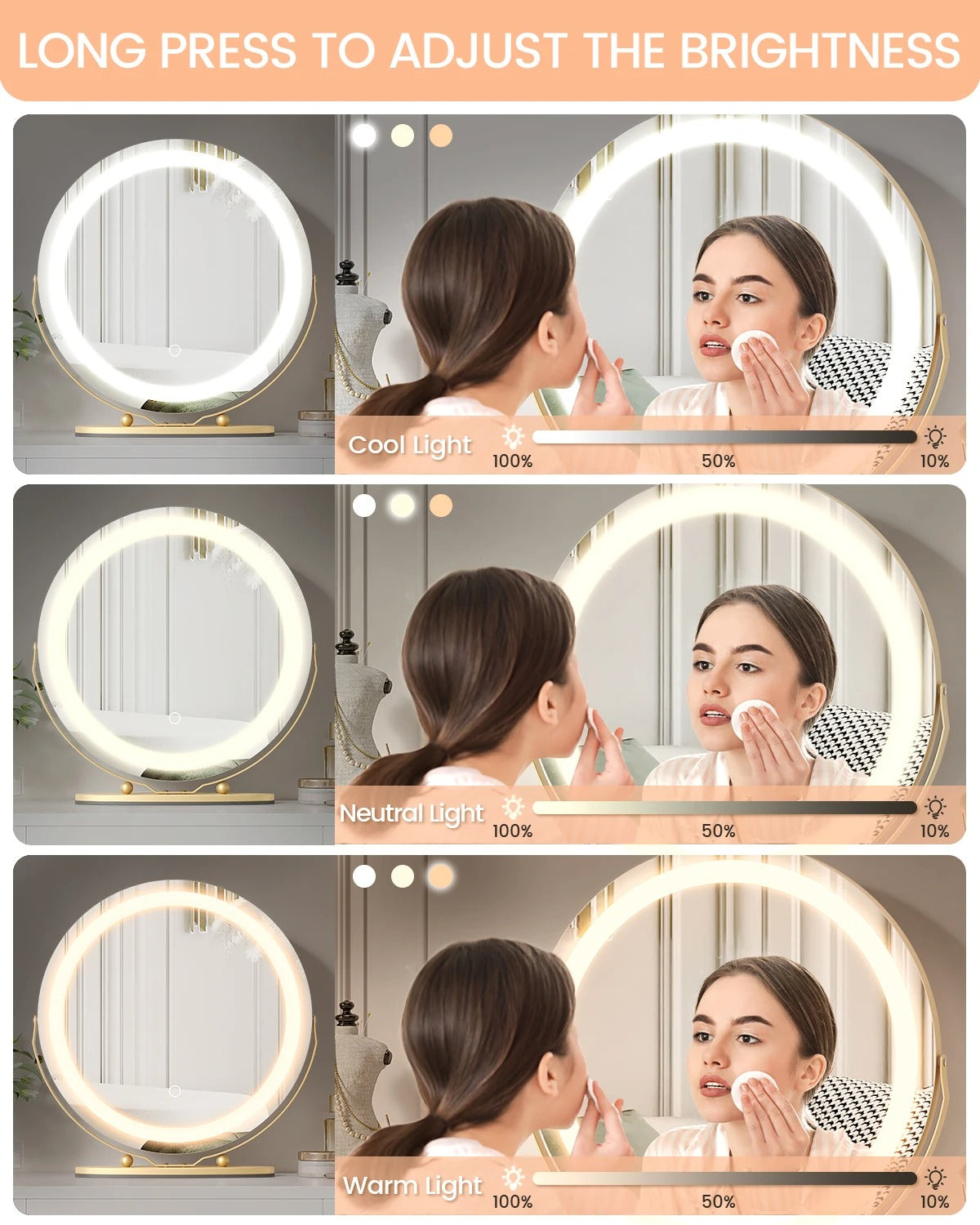 19" Large Round LED Vanity Mirror with Touch Control – Dimmable 3-Color Makeup Light for Bedroom Tabletop - M002